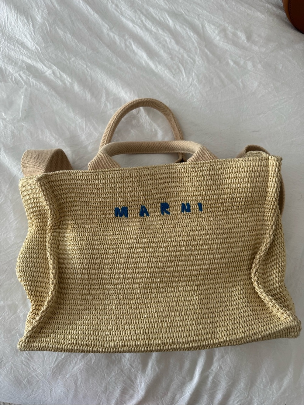 Marni Beige Woven Tote with Blue Logo
